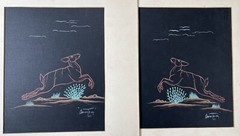 Pair Manuel Bob Chavez (Ow-u-te-wa) Vintage Gouache on Board Paintings Antelope