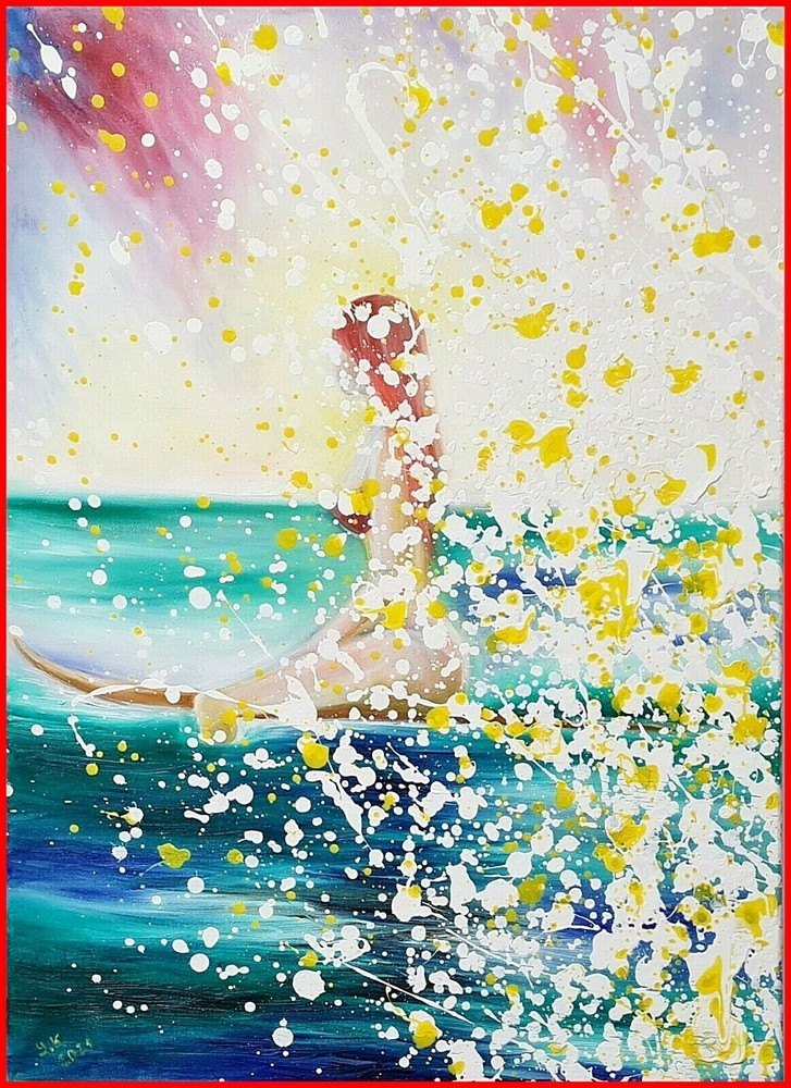 Original 27.5″ Mixed Media „Illusion Of Surfing“ Canvas Abstract Painting Art