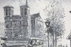 Original Notre Dame Paris Painting Framed French Street Scene 15×13 Vintage Art