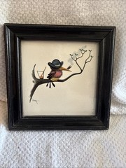 Smoking Bird Painting On Tile, On A Branch Drinking Signed