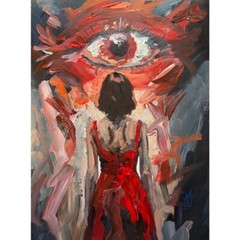 Original Red Dress All Seeing Eye Impasto Psychedelic Painting Art on Paper 16″
