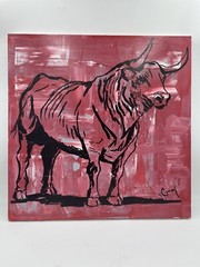 Acrylic Painting Bull Abstract Red And Black 24 X 24 Cradled Wood Panel Original