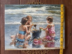 Original Oil Painting by Xiao Children at Beach Seascape 16×12 Signed Artwork