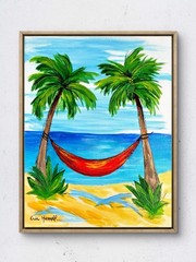 Original Beach Hammock Art 14×11 Canvas Vivid Expressionist Sea Wall Art Signed