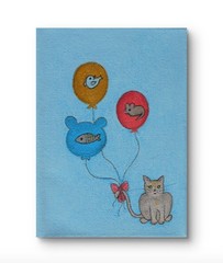 Original Painting Cat Balloons Mouse Bird Fish, Unframed Canvas by Charlene Slie