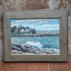 Framed Landscape Houses by the Seashore Painting Signed Allan Marsh 86