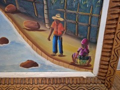 Vintage Haitian Folk Art Painting Signed A.J. Michel Hand Painted 26″ X 33″ EUC