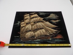 Ship at Sunset Velvet Oil Painting 11 3/4″ x15 3/4″