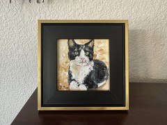 ORIGINAL OIL PAINTING TUXEDO CAT PORTRAIT SIGNED FRAMED 4×4