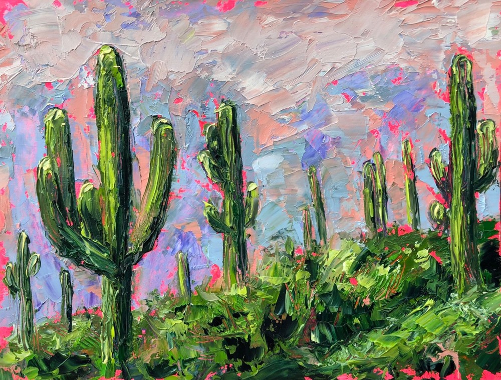 Original Art Impasto Oil Painting 9×12″ Landscape Saguaro Painting Cactus