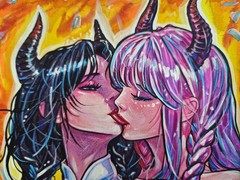 Original Anime Painting A4 Demon Girls Kiss LGBT Fantasy Handmade OOAK Wall Art
