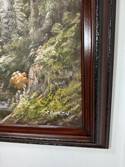 R Boren Oil Painting Landscape Mountain View Cabin River Waterfall Side Framed
