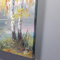 Autumn River Birch Trees Landscape Oil Painting Original Wall Art Canvas 8×8 in.