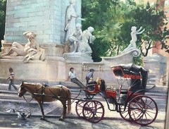 Impressionist NYC Columbus Circle Central Park Monument /Figures &Horse Carriage
