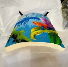 Artist Signed Tropical Blue Jeans Poison Dart Frog on Wood Painting