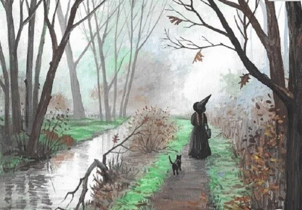 ACEO print of painting RYTA ART SALEM Cat Witch Haunted House Halloween Folk 🎃