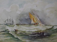 TALL-SHIPS IN ROUGH SEAS WATERCOLOUR INDISTINCTLY G EMMERET c1970s