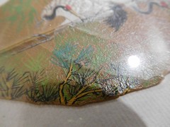 HAND PAINTED LEAF ~ PICTURE w WOODEN FRAME ~ asian artwork art Bird Stork Crane