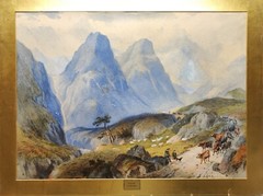 ATTRIB TO W. BARNETT „GLENCOE“ ANTIQUE HIGHLAND WATERCOLOUR PAINTING 44.5X61 CM.
