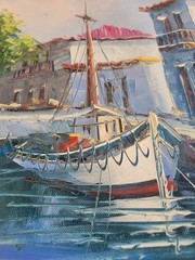 Oil Painting Mediterranean Harbor Scene Signed – Aaron Brothers – Wood Frame