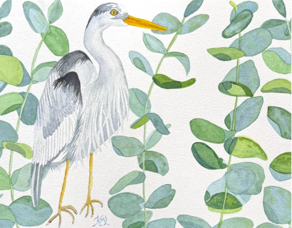 PAINTING WATERCOLOR 11X14 DOUBLE MAT 16X20 HERON BIRD EUCALYPTUS LEAVES ORIGINAL