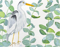 PAINTING WATERCOLOR 11X14 DOUBLE MAT 16X20 HERON BIRD EUCALYPTUS LEAVES ORIGINAL