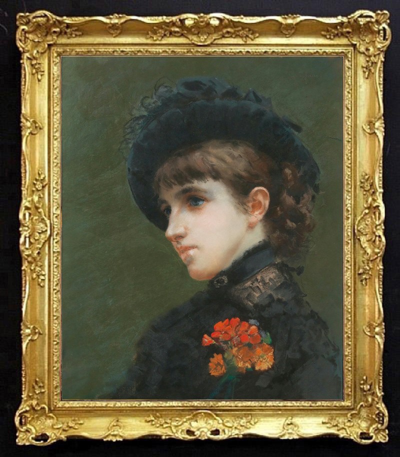 Hand Painted Lady Black Hat Red Flower Portrait Oil Painting Antique Style Art