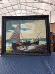 Large Vintage Harbor Seascape With Original Frame Sigend