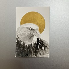 Original Eagle Sunset Painting realism Miniature Bird Art Sumi-e Ink Gold USA