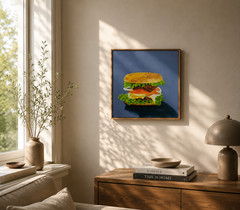 Original Oil Painting Hamburger Burger Food Art on Canvas 12×12 Inches Handmade