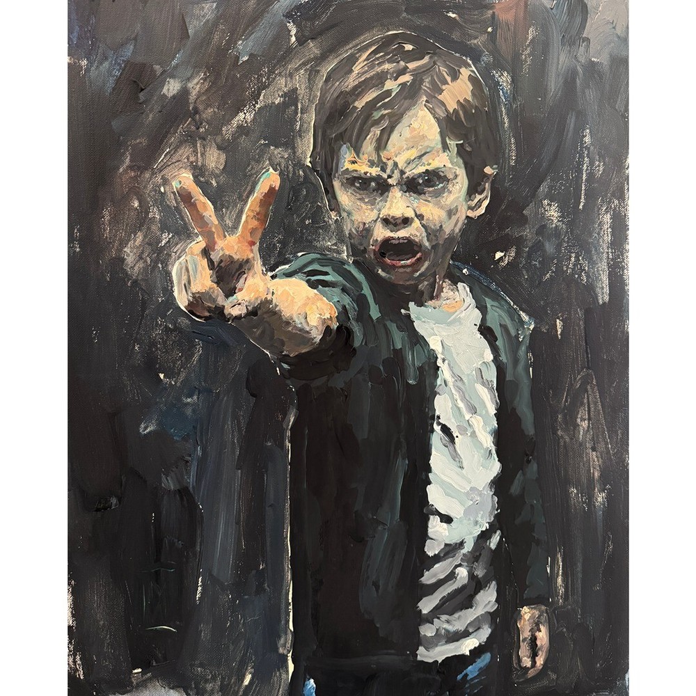 Original Dark and Macabre Peace Portrait Angry Child Boy Painting Canvas 16×20″