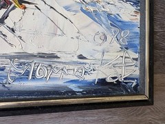 Morris Katz 1978 Signed Oil Painting on Masonite Winter Snow Scene w/ a Skier