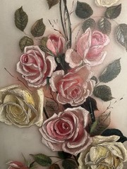 Antique Victorian Rose Oil Painting On Glass. Rare. Pink & yellow & White