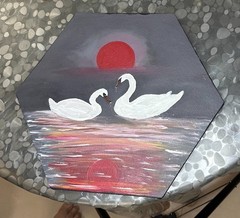 Handmade Hexagonal Canvas: Sunset Scene with Two Graceful Swan Couple, 24×24 CM
