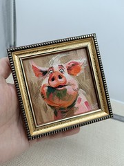 Pig Oil Painting Original Signed Framed Art Mini Animal Artwork 4×4