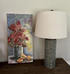 Original Still Life Wall Art Painting Flowers Peaches Signed Jane 2000 24×12