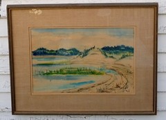 Salt Marsh Clouds Watercolor Painting Listed Nat Simkins Cape Ann MA