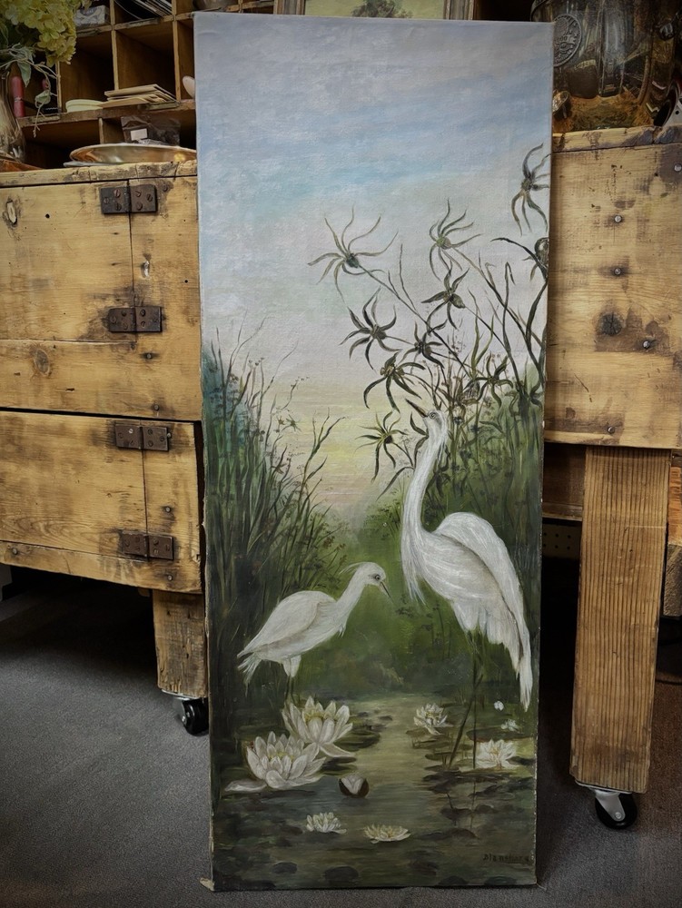 1900’s OIL canvas SIGNED Birds 36×14 unframed ORIGINAL