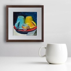 Original Still Life Oil Painting Cups Blue Yellow Kitchen Mug Art Board Sign 8×8