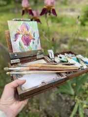 Irises Flowers original Oil painting cardboard 20x20cm, Ukraine painting flowers