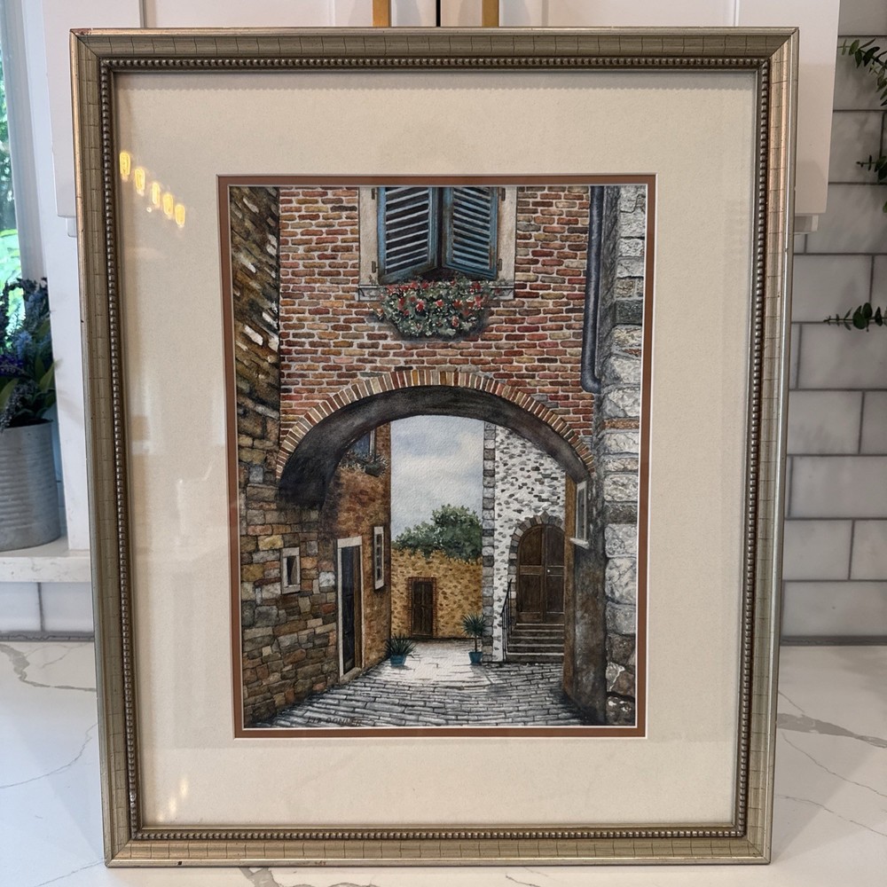Liz Donner Watercolor Painting European Street Scene Framed Matted 24×20