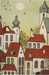 4X6 ABSTRACT FOLK ART PRINT OF PAINTING RYTA RAVEN CROW BLACK CAT HOUSES village