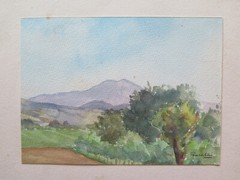 Small Watercolor Painting Signed and Dated 1949 Landscape Fields 19×14 cm P14