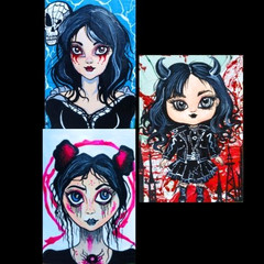 3 Pcs ACEO Original Cards Gothic Dolls Music Band Rock ART Set Hand Painting NEW