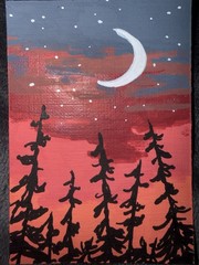 ACEO OOAK moody trees and moon red sky evergreen stars Haileylikespaint