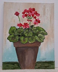 Potted Red Geraniums, Original 9×12″ Acrylic Painting on Canvas Board.