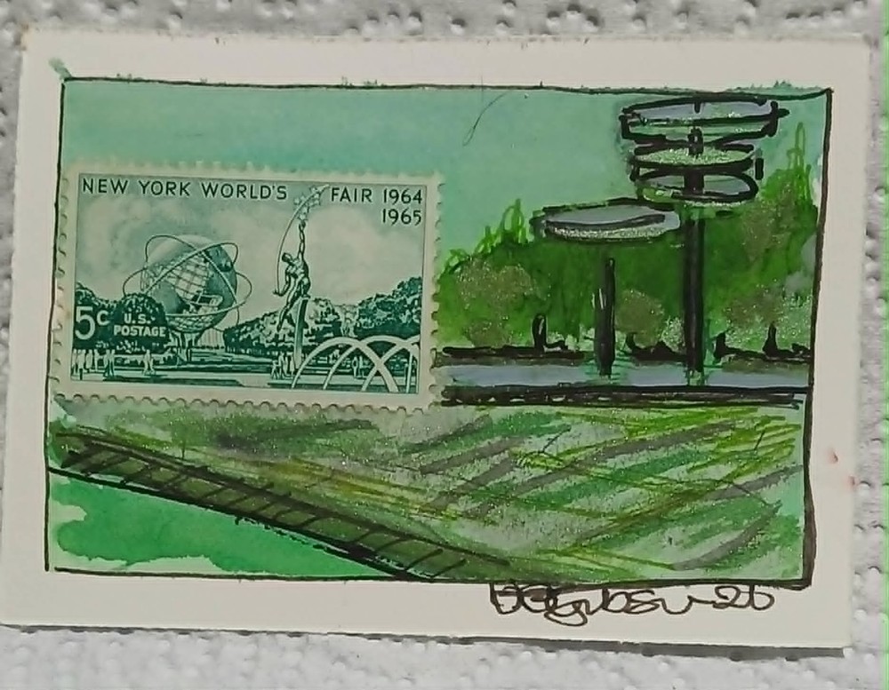 Postal Whimsy ACEO – 1964 New York World’s Fair Unisphere – OOAK Watercolor