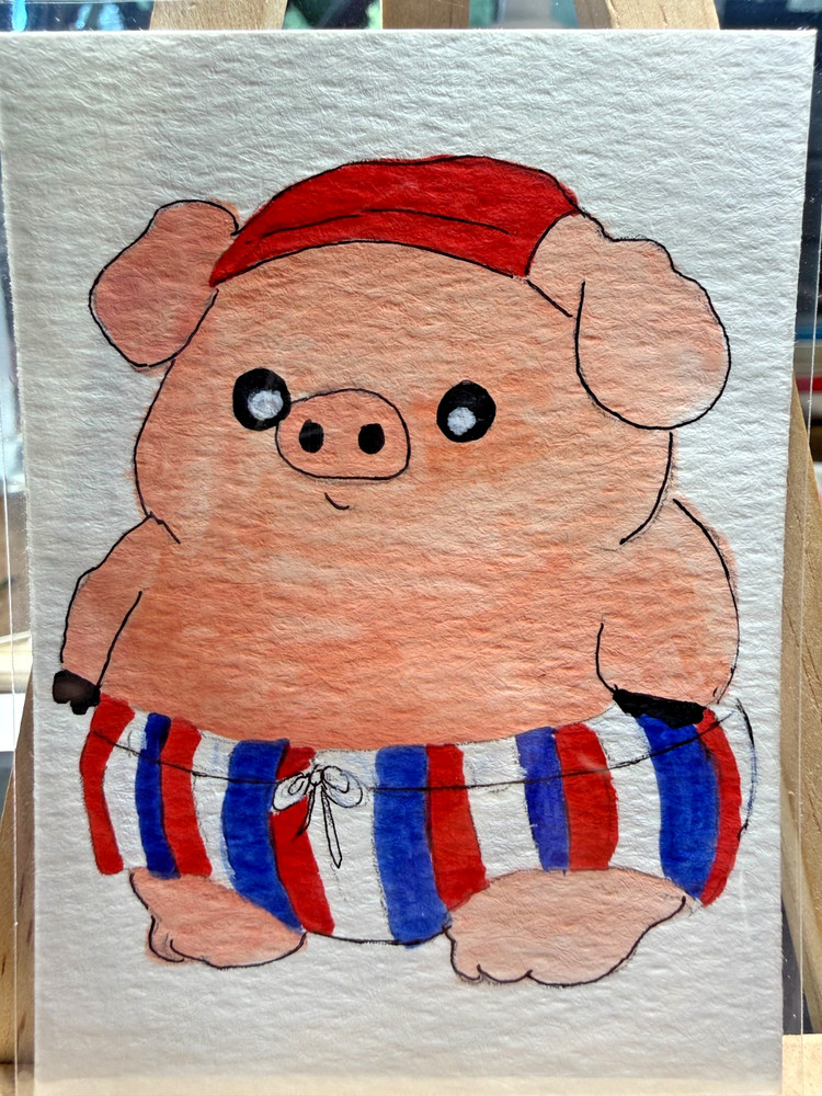 ACEO Original OOAK Signed (Not a Print) „Patriot Piggy“ Pig in Swim Shorts Art