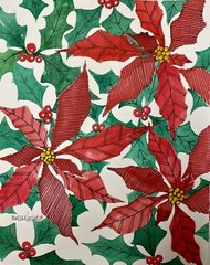 8 X 10 Original Pamela Wilhelm Watercolor & Ink Christmas ￼ Poinsettia Holly