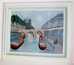 VINTAGE OIL PAINTING ON CARDBOARD SIGNED G BEPO PARIS NOTRE DAME SEINE NAIF ART